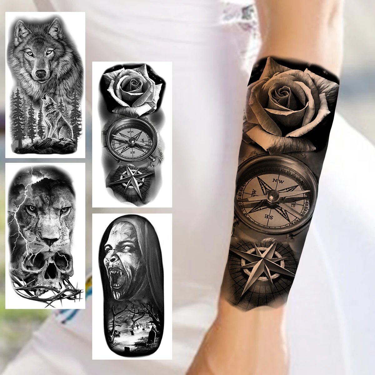 Large Compass Rose Temporary Tattoos For Women Men Realistic Wolf Scary Lion Vampire Fake Tattoo Sticker Forearm Tatoos Paste