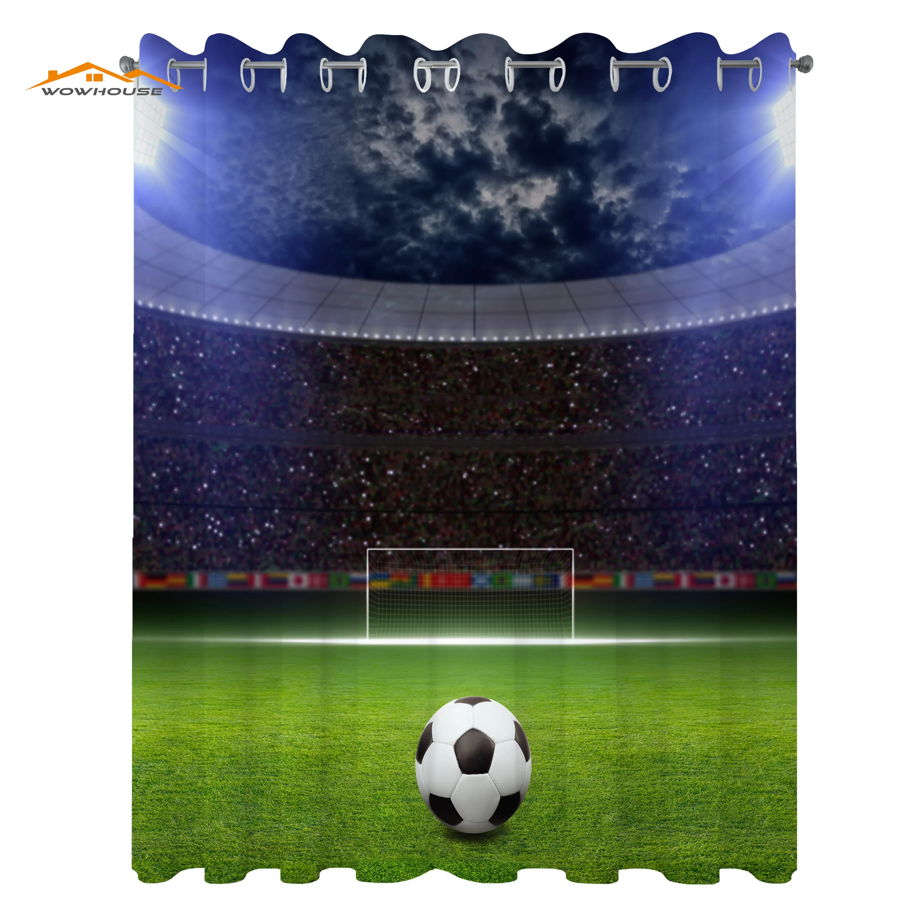 Sports Curtains Soccer Ball on Stadium Arena in The Night Fans Cheering Green Field Living Room Bedroom Window Curtain Navy Blue