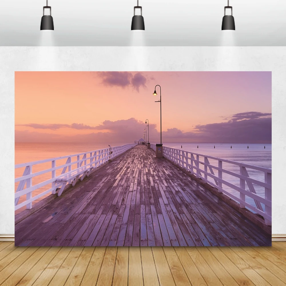 Laeacco الغيوم البحر الخشب جسر الاستوائية الصيف عطلة خلفيات للتصوير الفوتوغرافي صور خلفيات للصور استوديو فوتوزون