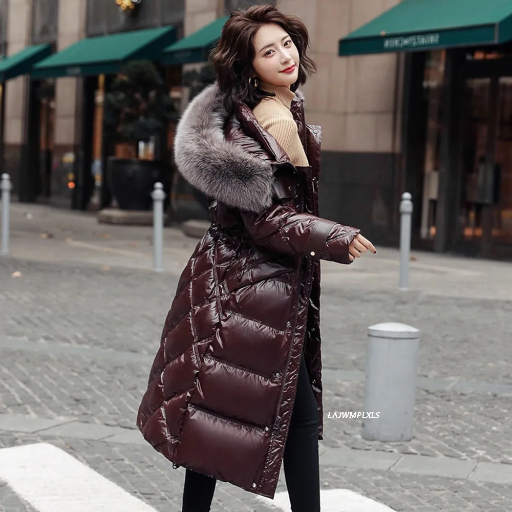 High Quality Luxury Women Down Coats Real Fox Fur Collars Adjustable Waist Winter Warm Long 90% White Down Jackets Outerwear