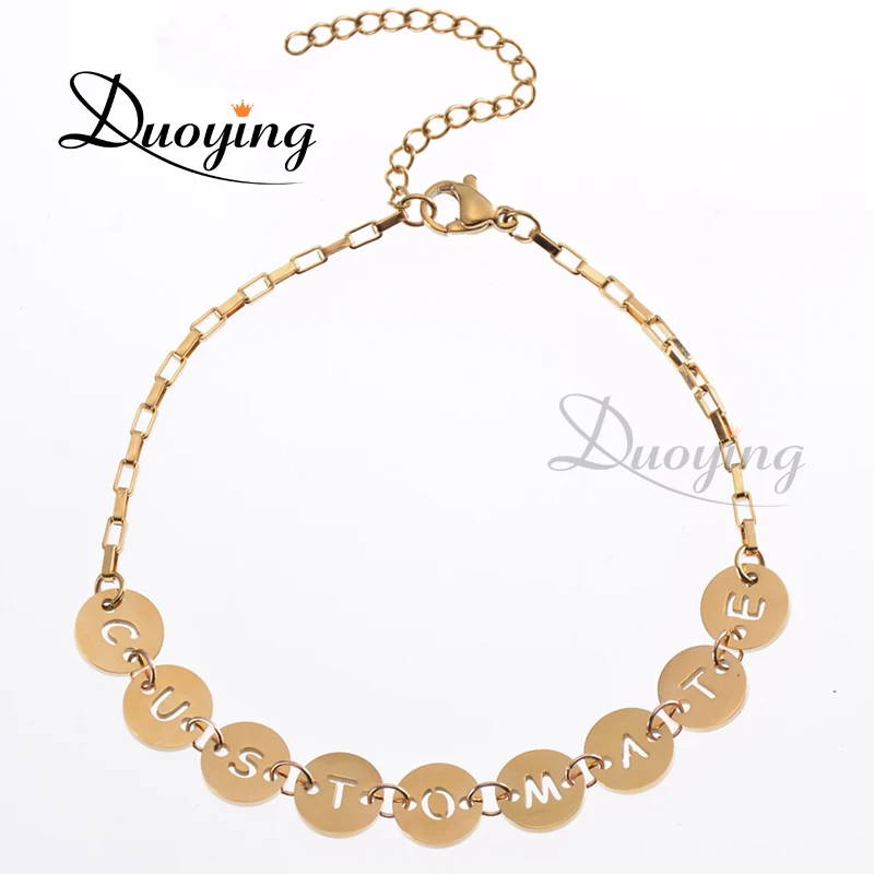 

Duoying Custom Letter Charms 26 Alphabet Coin Bracelet Stainless Steel Square Chain Initial Letter Charm Bracelet For Women