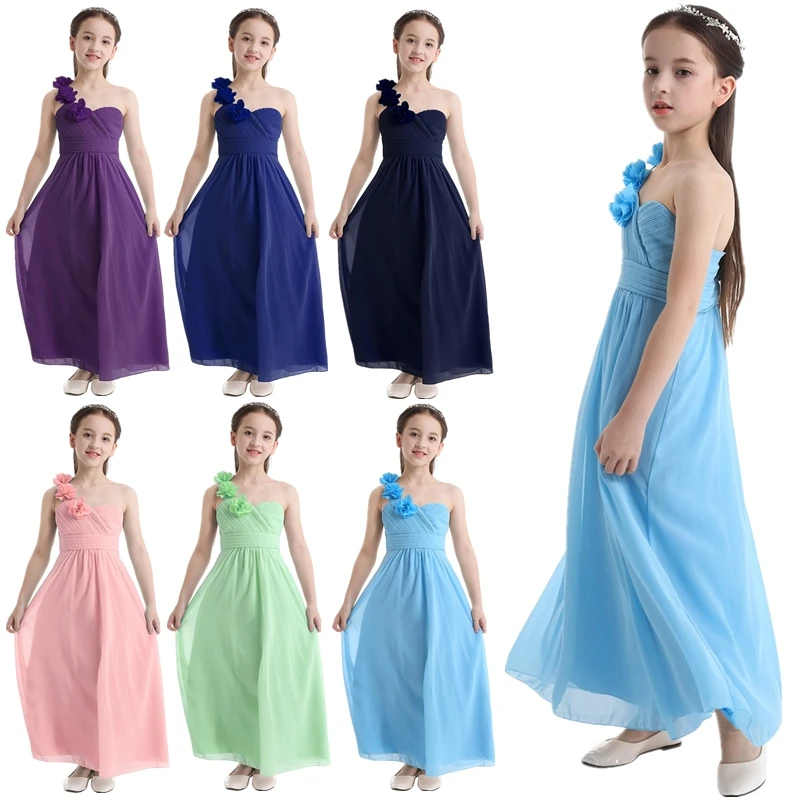 

Junior Bridesmaid Dresses Chiffon One-shoulder With Ruffle Flowers Princess Girl Dresses Pageant Wedding Party Flower Girl Dress