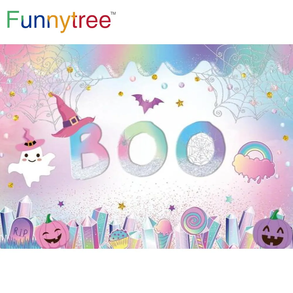 

Funnytree Boo Happy Halloween Party Backdrop Pumpkin Colourful Kids Ghost Bat Spider Web Gold Dots Rainbow Tombstone Background