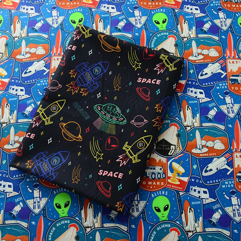 우주 요소 UFO 순수 면직물 수제 DIY 의류, 짧은 소매 인쇄 캐주얼 어린이 직물 미터 단위