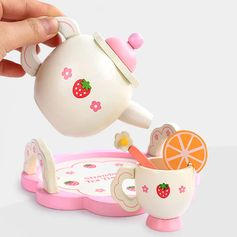 Wooden Tea Cup Set Kids Kitchenware Toy Girl\'s Pink Teatime Tableware Mini Tea Things Teapot Tray Spoon Kit With Box