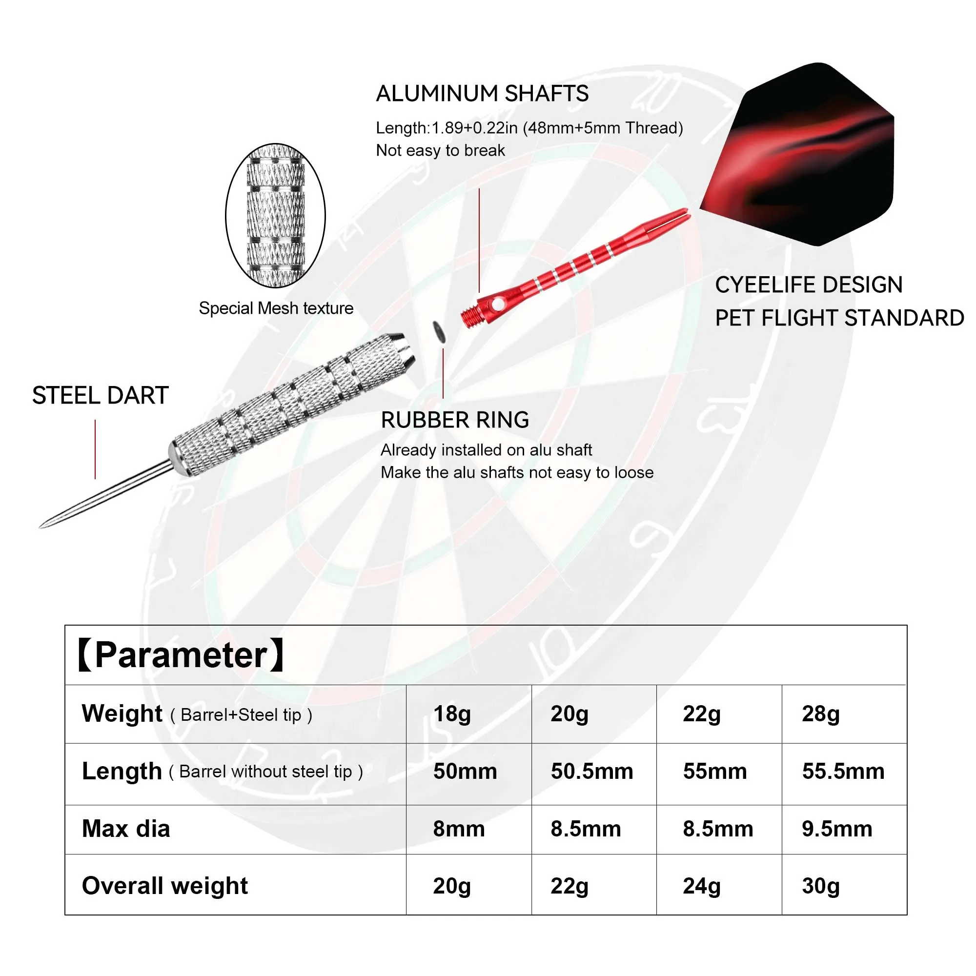 CyeeLife 18PCS Steel Darts18/20/22/28g Pet tail, aluminum rod, 50pcs rubber ring, 3pcs tail protector, grindstone