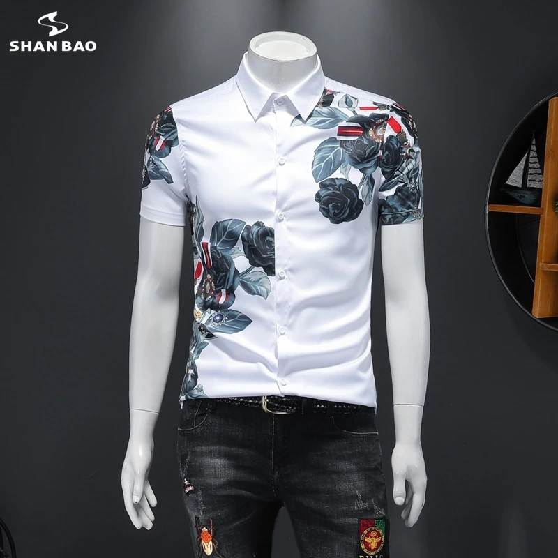 SHANBAO brand original rose splash ink printing men\'s casual short-sleeved shirt 2020 summer new fashion shirt black white19200