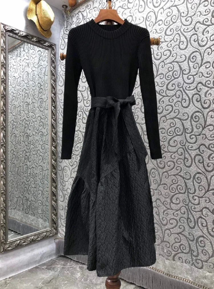 New 2023 Spring Autumn Winter Long Sweater Dress High Quality Women Vintage Jacquard Cotton Knitted Patchwork Long Sleeve Dress