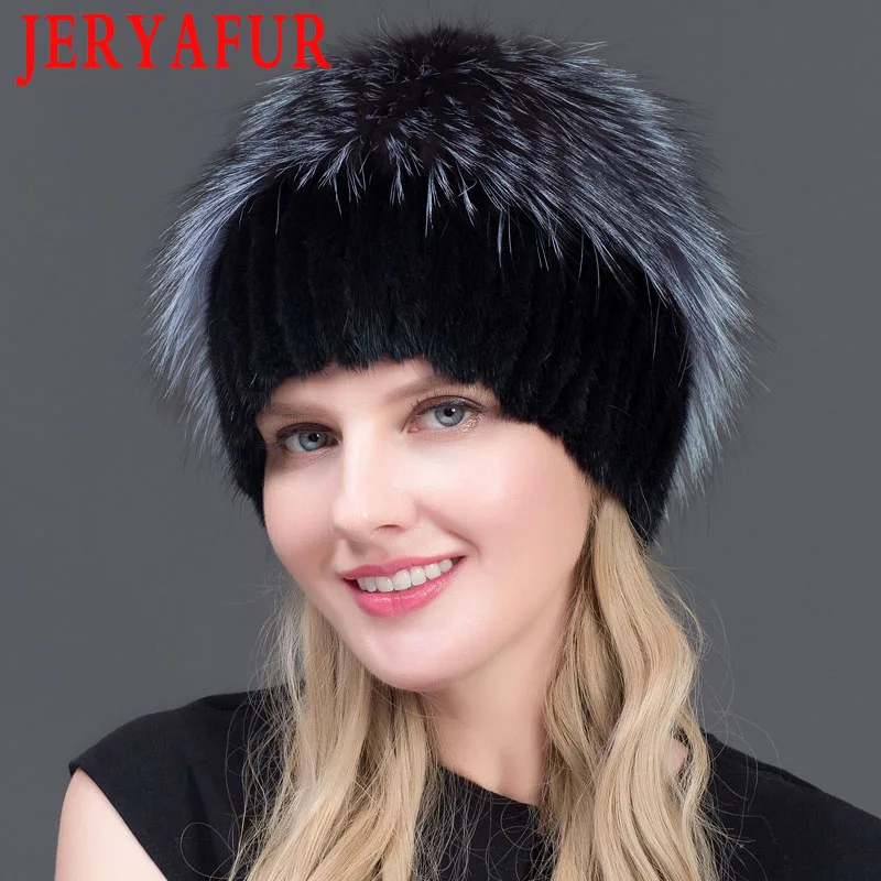 

JERYAFUR Double Warm Real Natural Mink Fur Hat Women Mix Color Silver Fox Fur Female Winter Hat Double Pompom Luxury Beanies