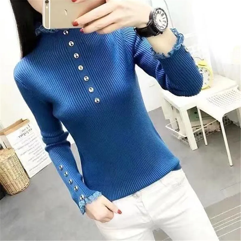 

Spring Fall Fashion Women Lace Collar Slim Knitted Sweater Office Lady Pullover Casual Jacket Clothing Girl Party Gift