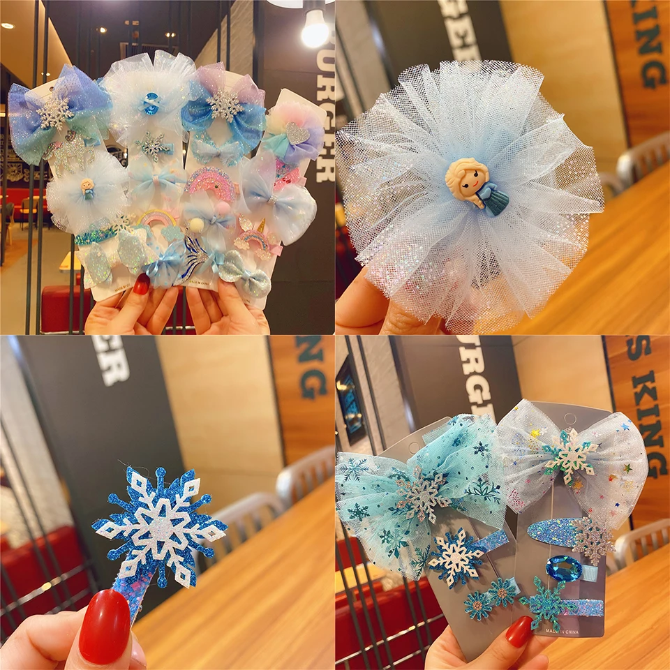 3/5Pcs/Set New Snowflake Chiffon Bow Hairpins Girls Cute Yarn Hair Clip Children Sweet Barrettes Kids Fashion Hair Accessories