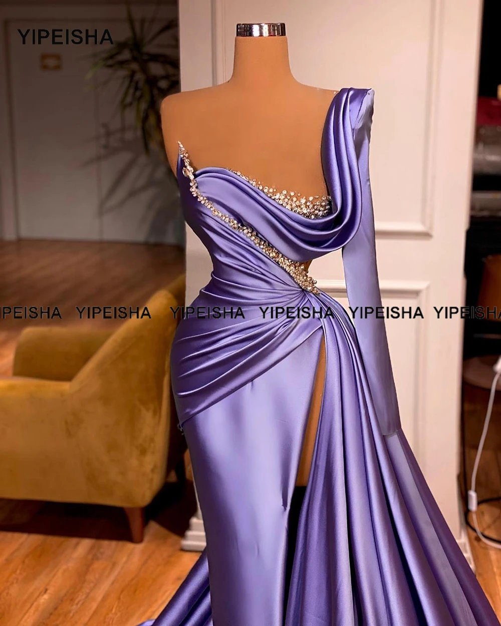 Yipeisha – robe de soirée de forme sirène, tenue de soirée luxueuse, manches longues, paillettes, strass, fente latérale, lavande