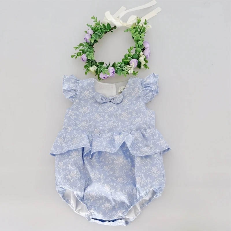 

Flofallzique 2020 Petal Sleeve Round Neck Front Bow Decoration Retro Floral Pattern Newborn Baby Girls Romper For Homewear