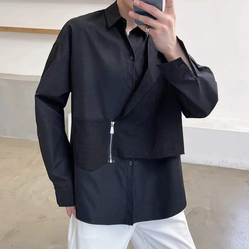 Men's Long-Sleeve Shirt Spring And Autumn New Style Personality Stitching False Two Korean Fashion Youth Popular Large Size Shir