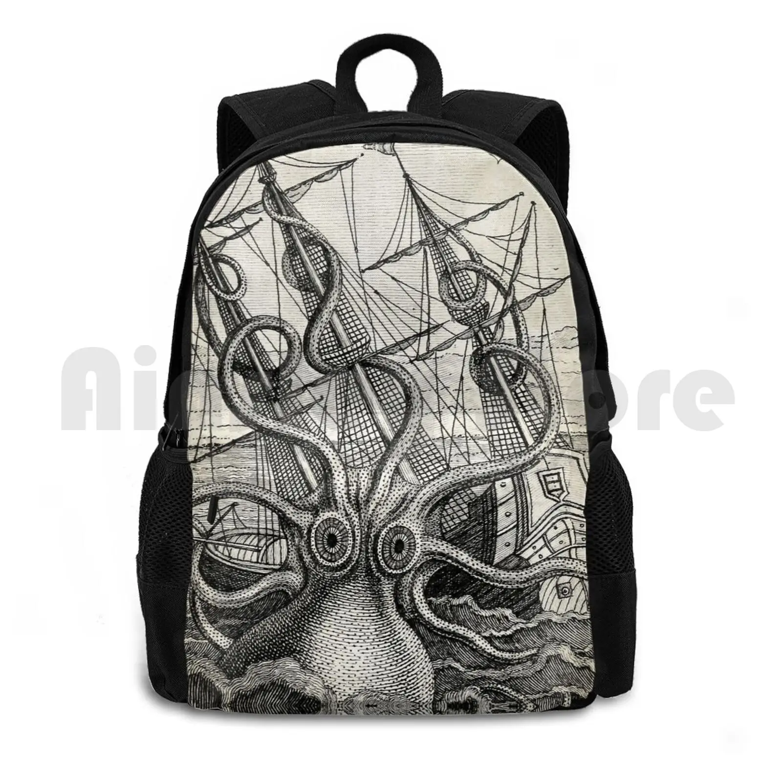 Vintage Kraken , Octopus Illustration Outdoor Hiking Backpack Riding Climbing Sports Bag Vintage Octopus Art Kids Octopus Sea