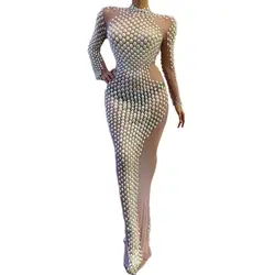 New Crystals Pearls Transparent Long Dress Lady Evening Prom Celebrate Birthday Dress Mesh Wedding Outfit Singer Stage Costume