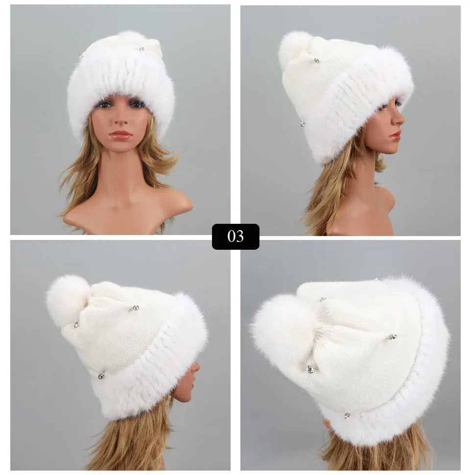 Mode Gestrickte Damen Echt Nerz Pelz Mützen Kappe Winter frauen hut Warme Natürliche Nerz Pelz Hüte Elastische Luxus Weibliche pelz Hut – Detail 4