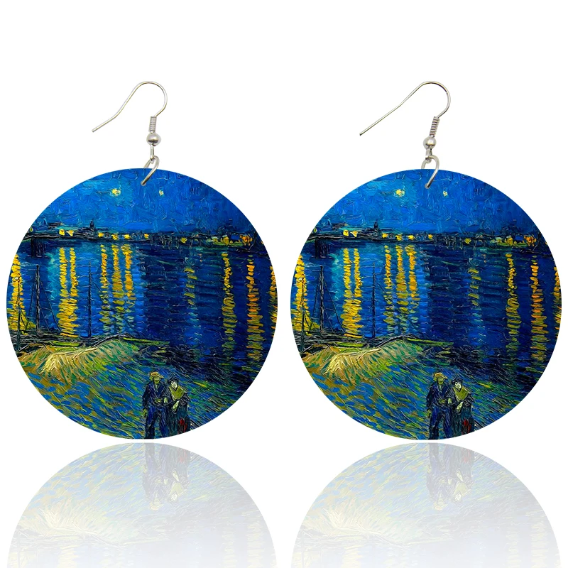 Voikukka Jewelry Van Gogh Paintings Self  Portrait Pattern Wooden Both Sides Print Pendant Drop Women Earrings For Gifts