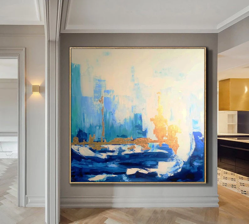 Blue Skyline Abstract Painting Contemporary Art Original Large Wall Art Canvas Wall Art Large Blue Gold Painting Art Abstract