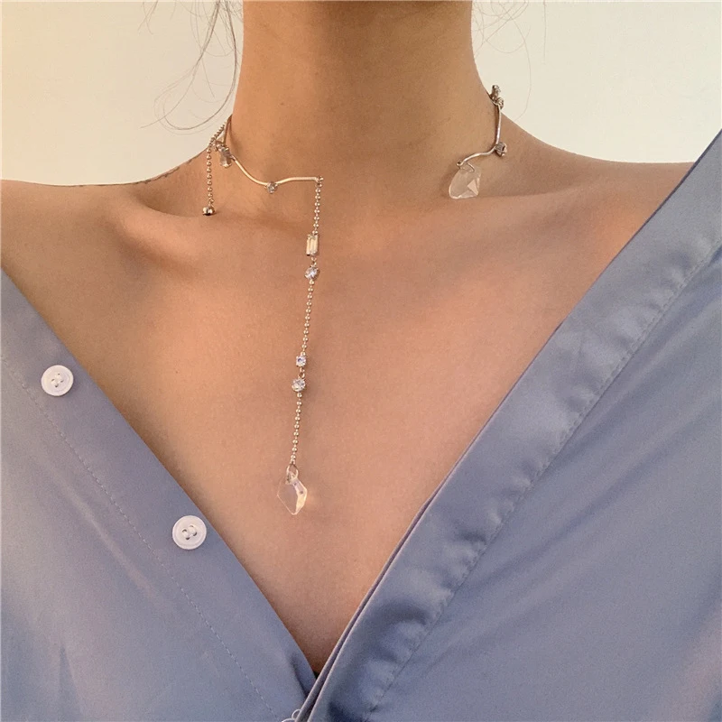 Unusual Waterdrop Crystal Long Pendant Necklace for Wome Open Chain Silver Color Necklace Wedding Accessories Two ways to wear