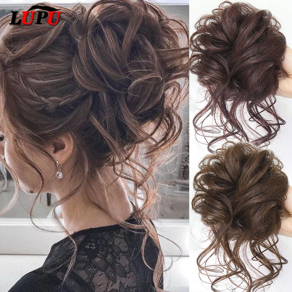 LUPU syntetyczny kok z włosów Chignon roztrzepany kręcone włosy opaska elastyczne Scrunchy sztuczne włosy dla kobiet spinki do włosów czarny brązowy