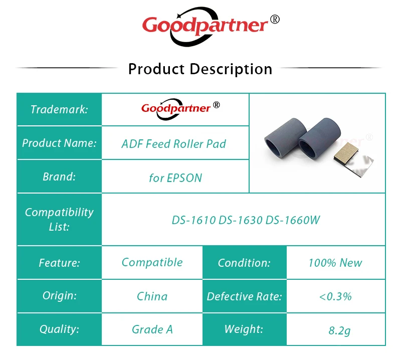 1X 1705426 1693496 1693196 ADF Paper Feed Roller Tire Pad for EPSON DS-1610 DS-1630 DS-1660W / DS1610 DS1630 DS1660W