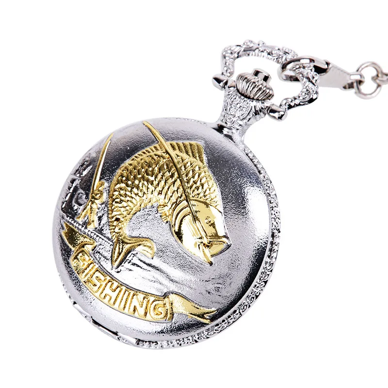 1035Lucky fish pocket watch srebro i złoto karp trend zawieszone ozdoby bogaty znak retro zegarek kieszonkowy kwarcowy z naszyjnikiem