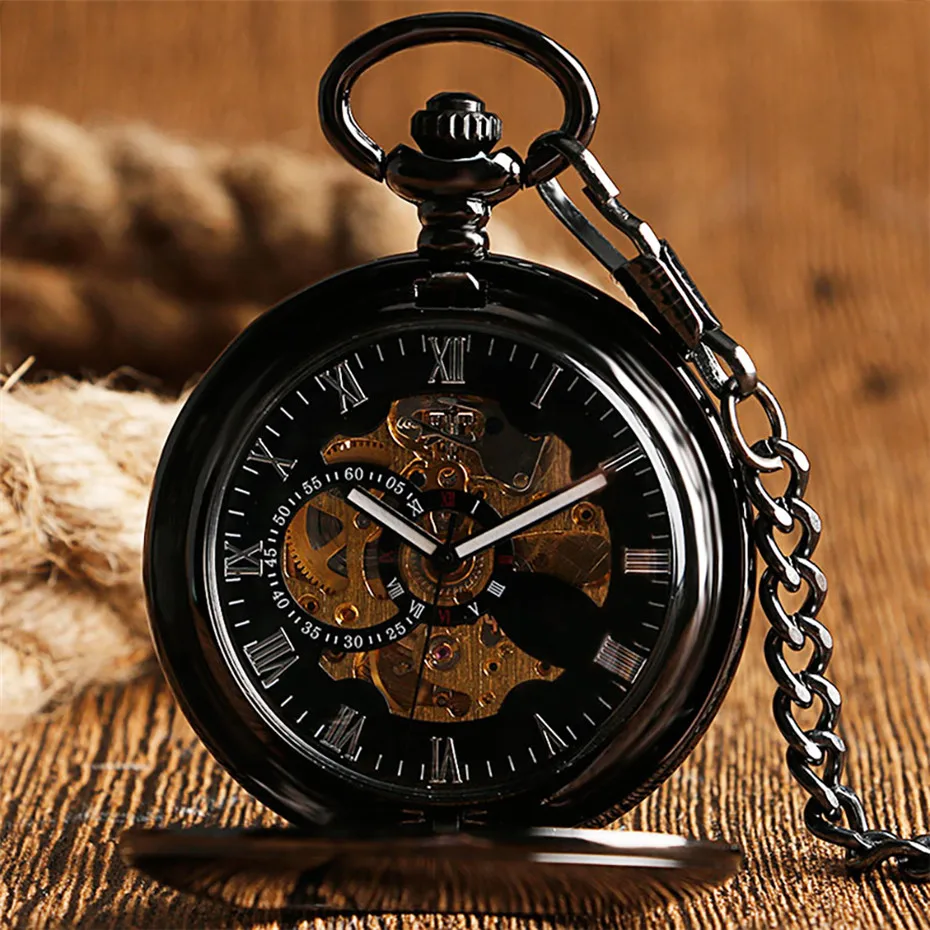 Antique Mechanical Pocket Watch Automatic Self-Winding Roman Numerals Display Hanging Chain Hollow Smooth Hunter Pendant Clock