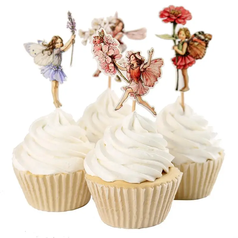 Set aus 24 Blumen-Fee-Cupcake-Toppern für Kuchendekoration, Zahnstocherkarten für den Desserttisch und Geburtstagskuchendekoration – Detail 2
