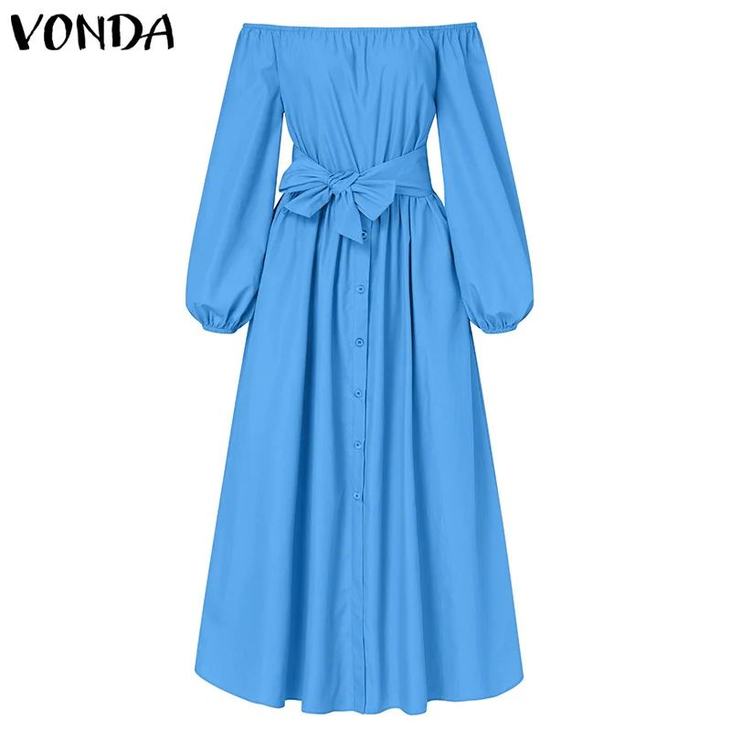 Imagem -04 - Vonda-vestido de Verão Elegante Fora do Ombro Feminino Monocromático Longo Maxi Casual com Botões Vestido de Festa Primavera 2023