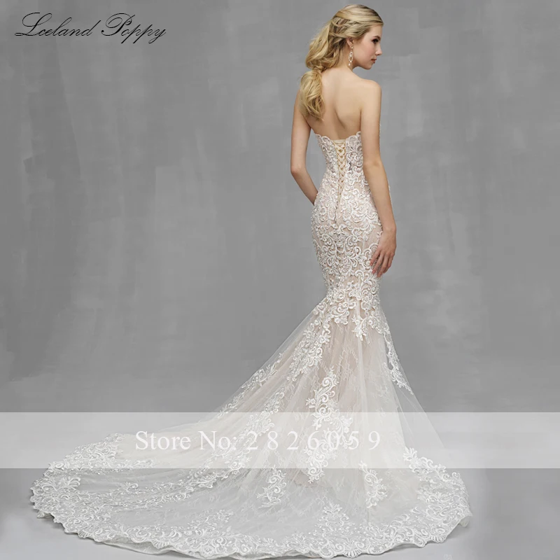 Lceland Poppy Customized Strapless Lace Mermaid Wedding Dresses Crystal Beaded Floor Length Appliques Bridal Gowns