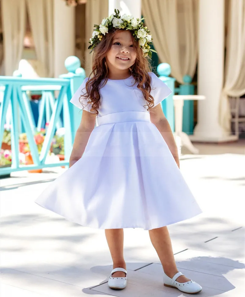 Classic White Satin Flower Girl Dress Short Sleeve Little Princess Birthday Party Gown Kids Cloth Christmas New Year