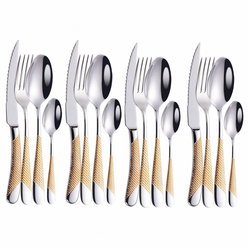 

16pcs Gold Cutlery Set Dinnerware Set 18/10 Stainless Steel Tableware Set Knife Fork Spoon Flatware Set Dishwasher Safe