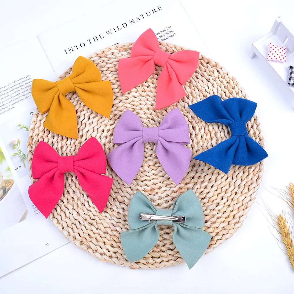 32pc/lot 2021 New Arrival 4.3'' Felt Fabric Hair Bow With Clip For Girls Soft Solid Bow Hairpins Kids DIY Hair Accessories