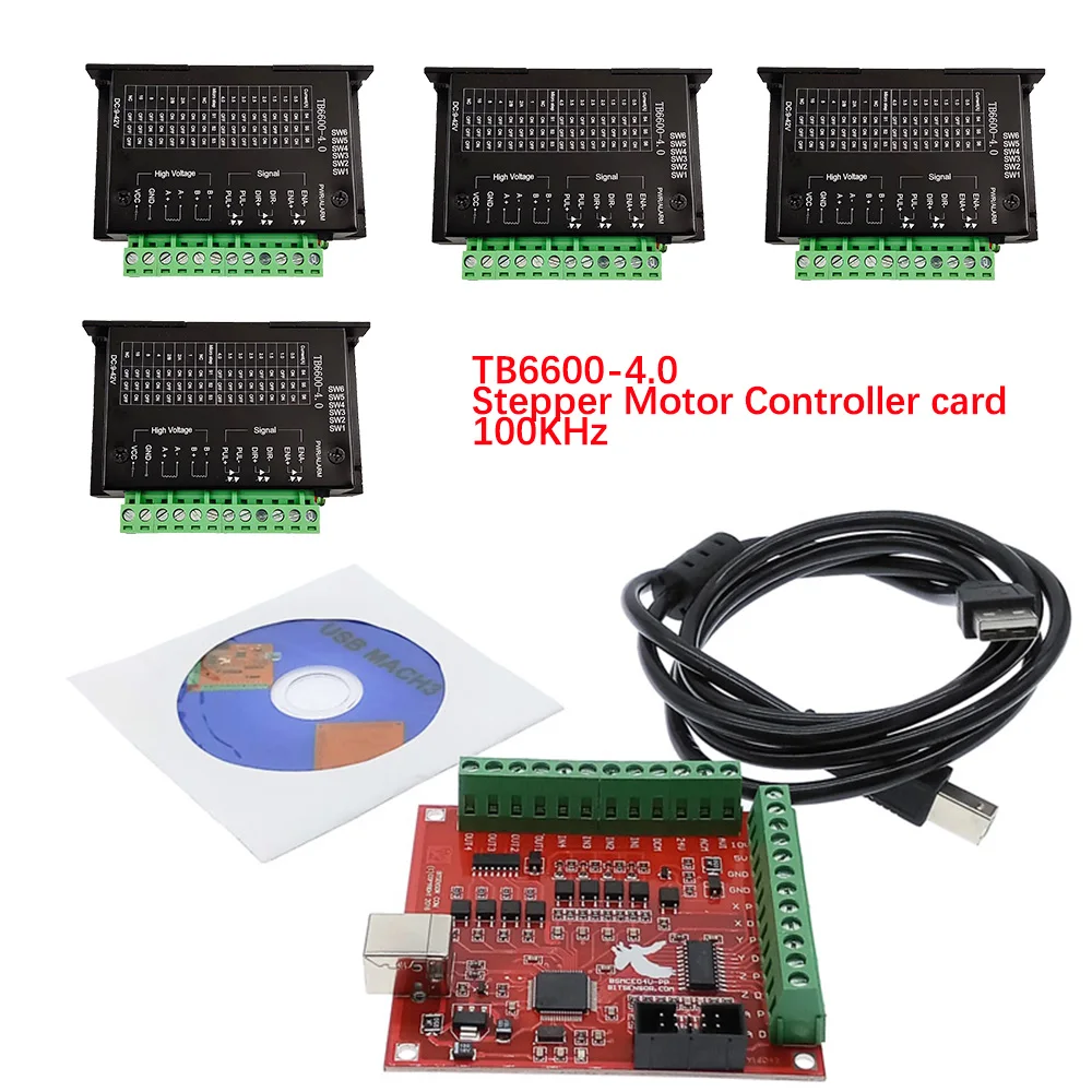 CNC TB6600-4.0 mach3 usb 4axis kit, 4 TB6600 drives + 1 red flying carving card mach3 CNC stepper motor controller 100KHz