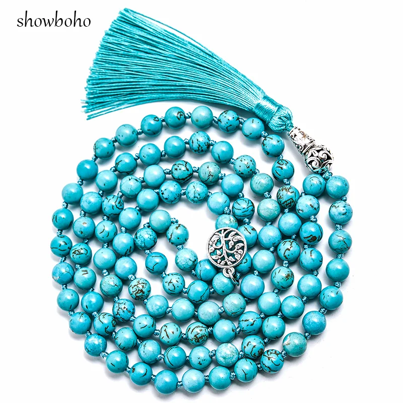 8mm collana di Mala annodata con perline turchese blu naturale meditazione Yoga benedizione 108 gioielli con ciondolo Japamala per uomo e donna