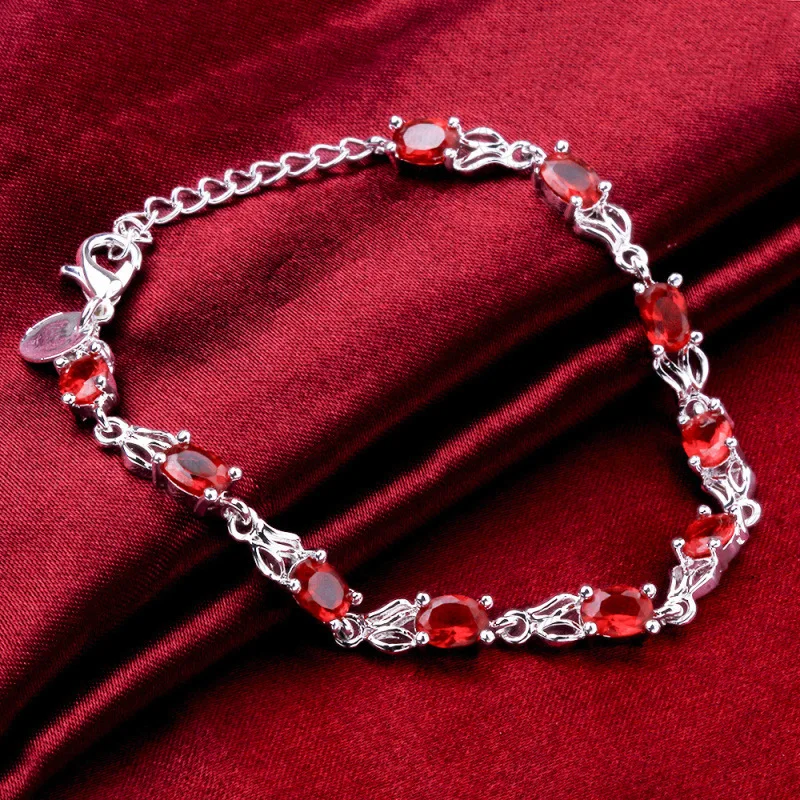 LEKANI Red Topaz Bracelets For Female Real 925 Sterling Silver Deep Red Gemstone Bracelet For Student Birthday Gift