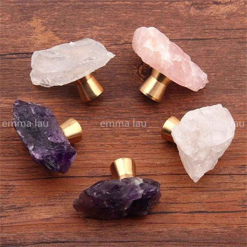 New Natural Rough Fluorite Stone Knob and Handle Brass Base Drawer Kitchen Cupboard Closet Door Knobs Clear Crystal Handles