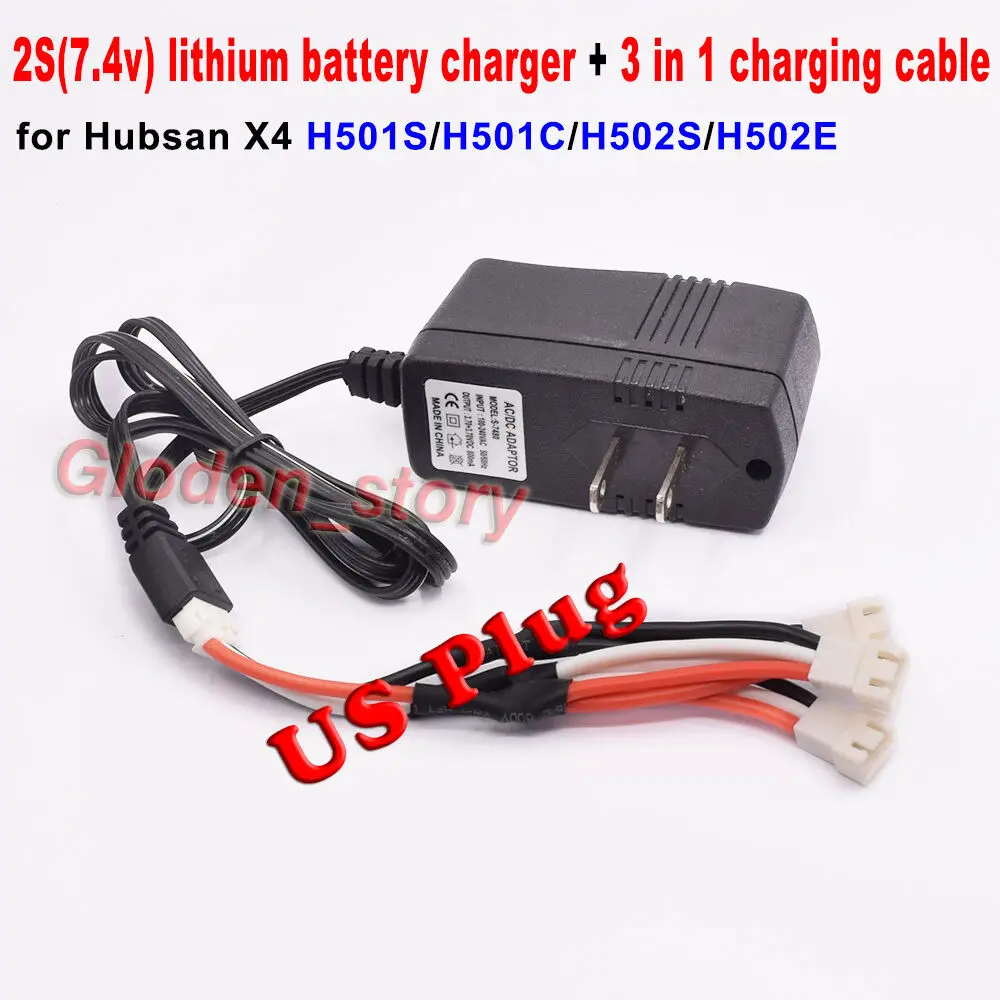 7.4V 2S US Plug Lithium Li-po Battery Charger Adapter + 3 In 1 Charging Cable for Hubsan X4 H501S H502S H502E Drone