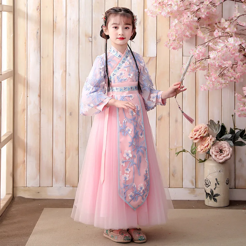 Kids  Winter Long Sleeve Chinese Lovely Traditional Party Dress Embroidery Girls Perform Costumes Children Ancient Hanfu