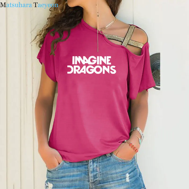 woman t shirt Fashion Imagine Dragons Funny Tee Top Short Sleeve Female clothing T-Shirt Irregular Skew Cross Bandage Tshirt