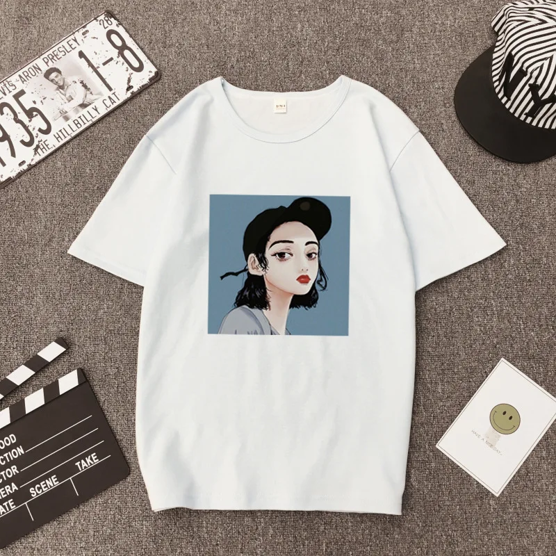 Korean Student Cartoon Print Women's T-shirt Short Sleeve Large Size Loose Shirt Retro Hong Kong Style Top Summer Comfortable