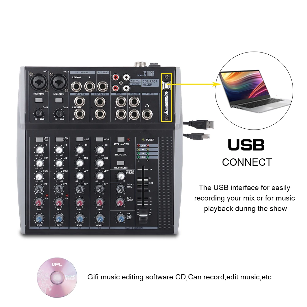 XTUGA 8 Canali 3-Band EQ Mixer Audio Mixing Console con USB XLR LINEA di Ingresso 48V Phantom Power per La Registrazione DJ Della Fase