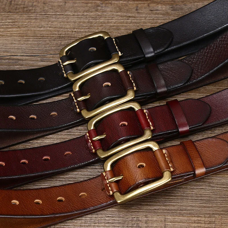 Vintage Wide 1.5 Inch Genuine Leather Belts Mens Durable Brass Needle Buckle Handmade Men's Army Military Work Casual JeansBelt