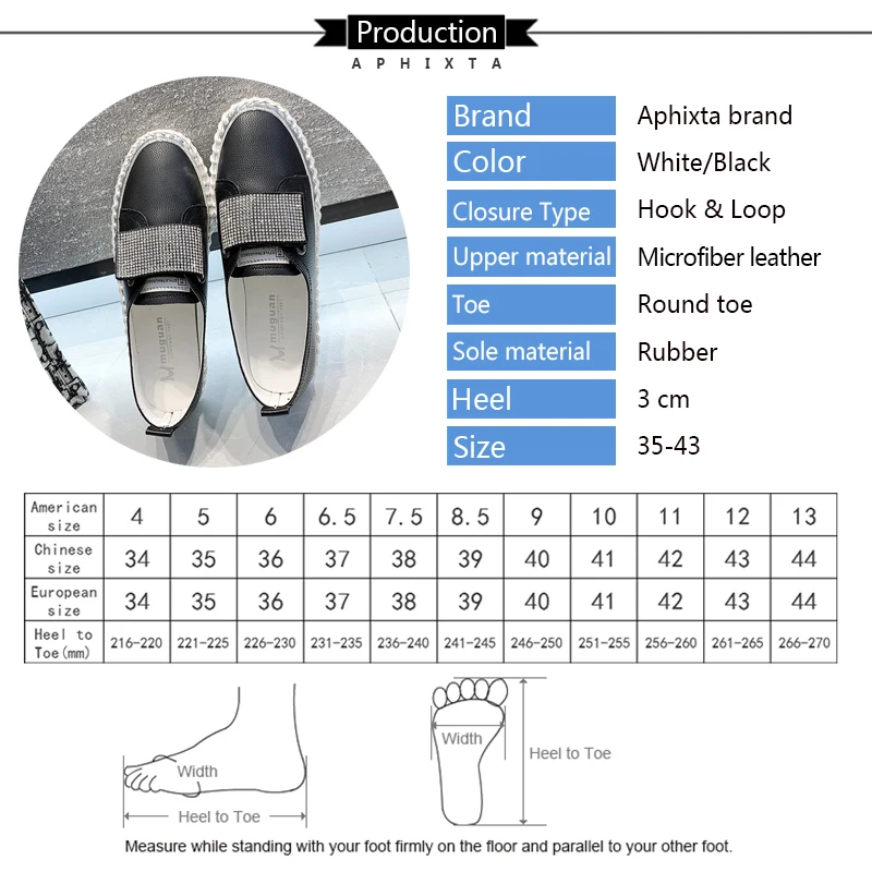 Aphixta Luxury Crystals Hook & Loop Round Toe Flats Women 3cm Chunky Sole Platform Casual Female Rhinestone Shoes Big Szie 43