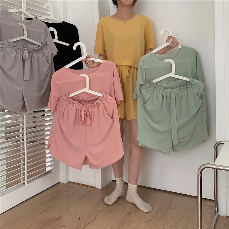 Summer Casual 2 Piece Women Set  Short Sleeve Tops And Shorts Elastic Waist Soft Cool Lce fabric Two Piece Set Woman Outfits