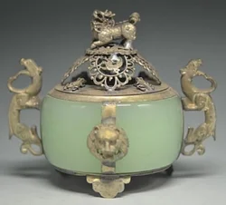 UNIQUE CHINESE SILVER COPPER INLAID JADE DRAGON LION INCENSE BURNER
