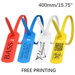 100pcs sigilli di etichette di sicurezza in plastica personalizzati usa e getta Logo del marchio indumento Hang Label Tag cravatte con cerniera per la logistica dei vestiti 400mm/15.8