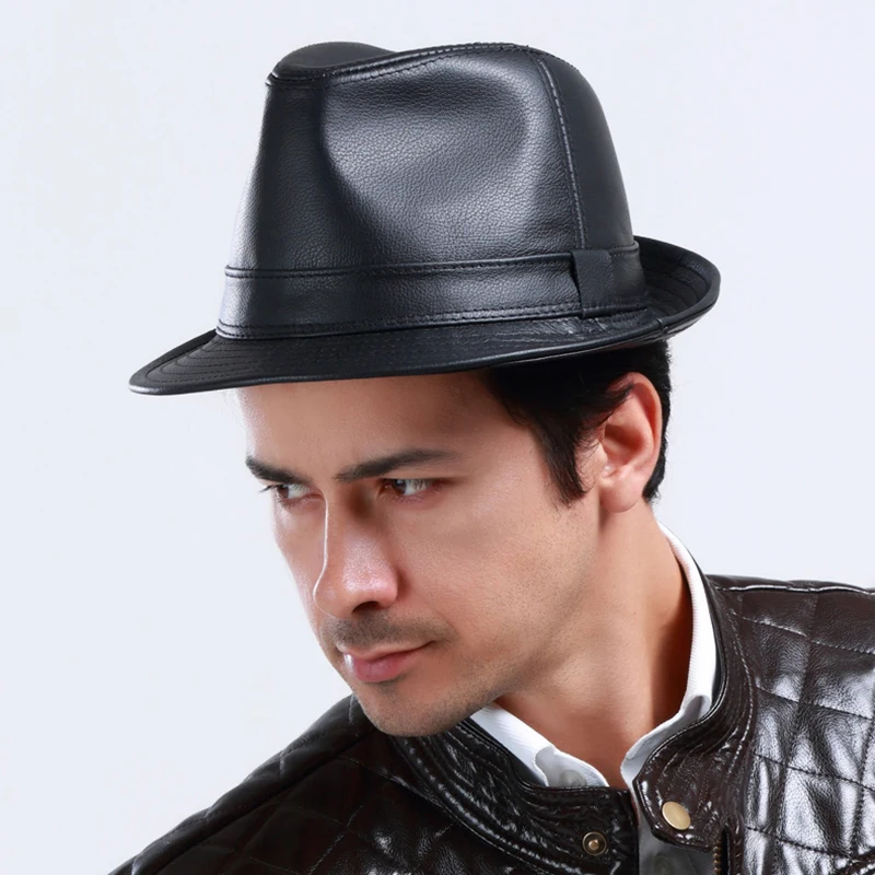 New 2021 Winter British Casual Genuine Leather Cap Fedora Couple Hats Natural Cowhide Leather Jazz Hat Brand Caps Man Women