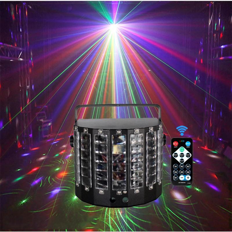 

Remote Control Dj RGB Led Disco Laser 2 In 1 Mini Butterfly Light DMX512 Lazer Fog Machine Stage Lighting Wedding Night KTV Club